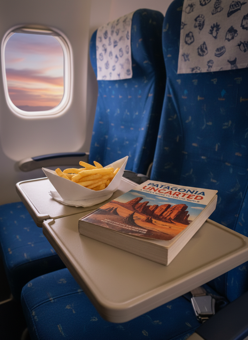 A cramped budget airline tray table lowered over a well-worn pair of fabric-covered airplane seats, the surface occupied by a tiny paper boat folded from a napkin, carefully filled with fries from a takeout box. Beside it, a dog-eared paperback guidebook to an offbeat destination is splayed open, its pages slightly curled. Soft overhead cabin lighting casts even illumination, with faint cool highlights along the plastic edges of the tray. Through the window, a blur of sunset colors hints at altitude and motion. Photographic realism, shot from a passenger’s eye-level perspective, with moderate depth of field, capturing the playful, joyful embrace of imperfect, budget travel.
