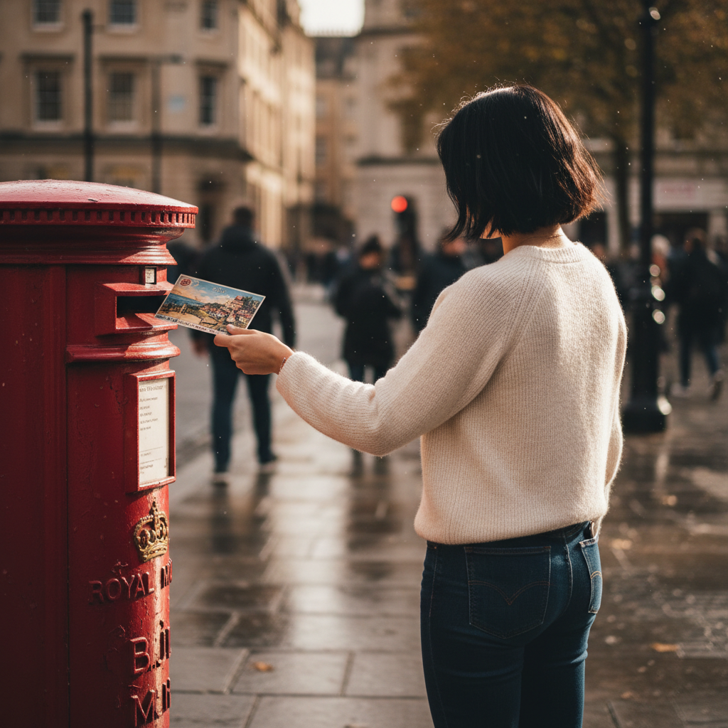 A woman with short black hair posting a postcard into a red street-side post box / mailbox, shot from behind. We see her back and the back of her head only — her face is not visible. Captured at street level, natural daylight, candid and warm mood. Photographic realism.